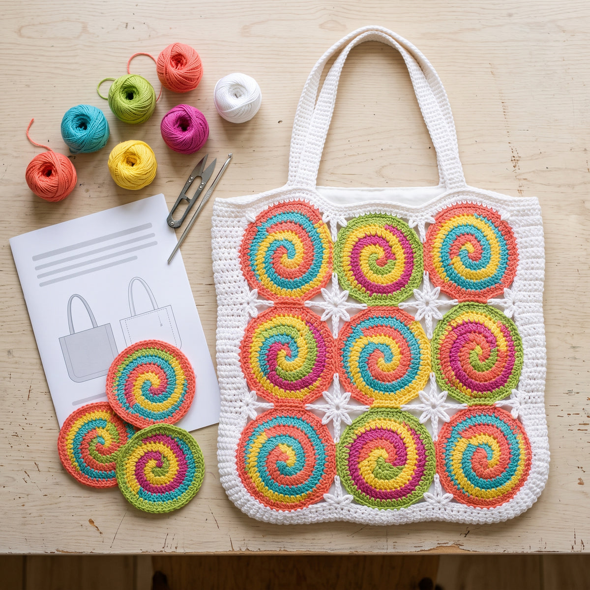 Spiral Swirl Tote Bag Crochet Pattern PDF, Motif Market Bag with Star Joins, Colorful Summer Beach Tote
