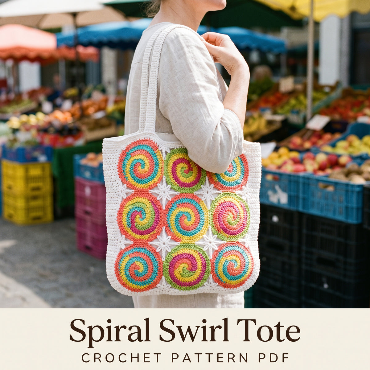 Spiral Swirl Tote Bag Crochet Pattern PDF, Motif Market Bag with Star Joins, Colorful Summer Beach Tote