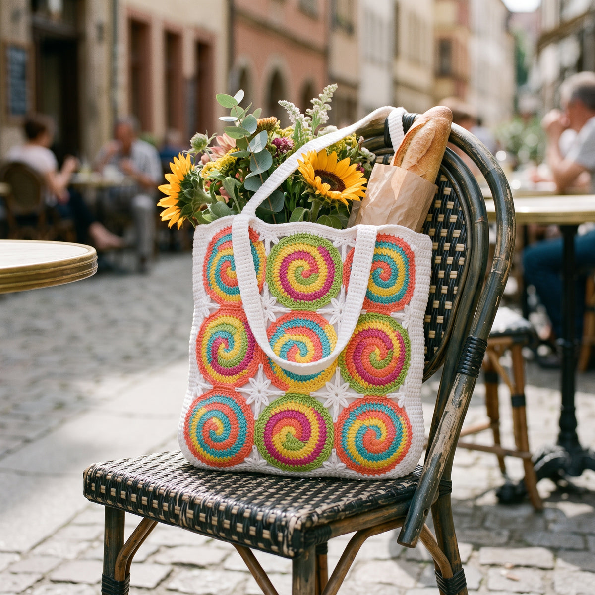 Spiral Swirl Tote Bag Crochet Pattern PDF, Motif Market Bag with Star Joins, Colorful Summer Beach Tote