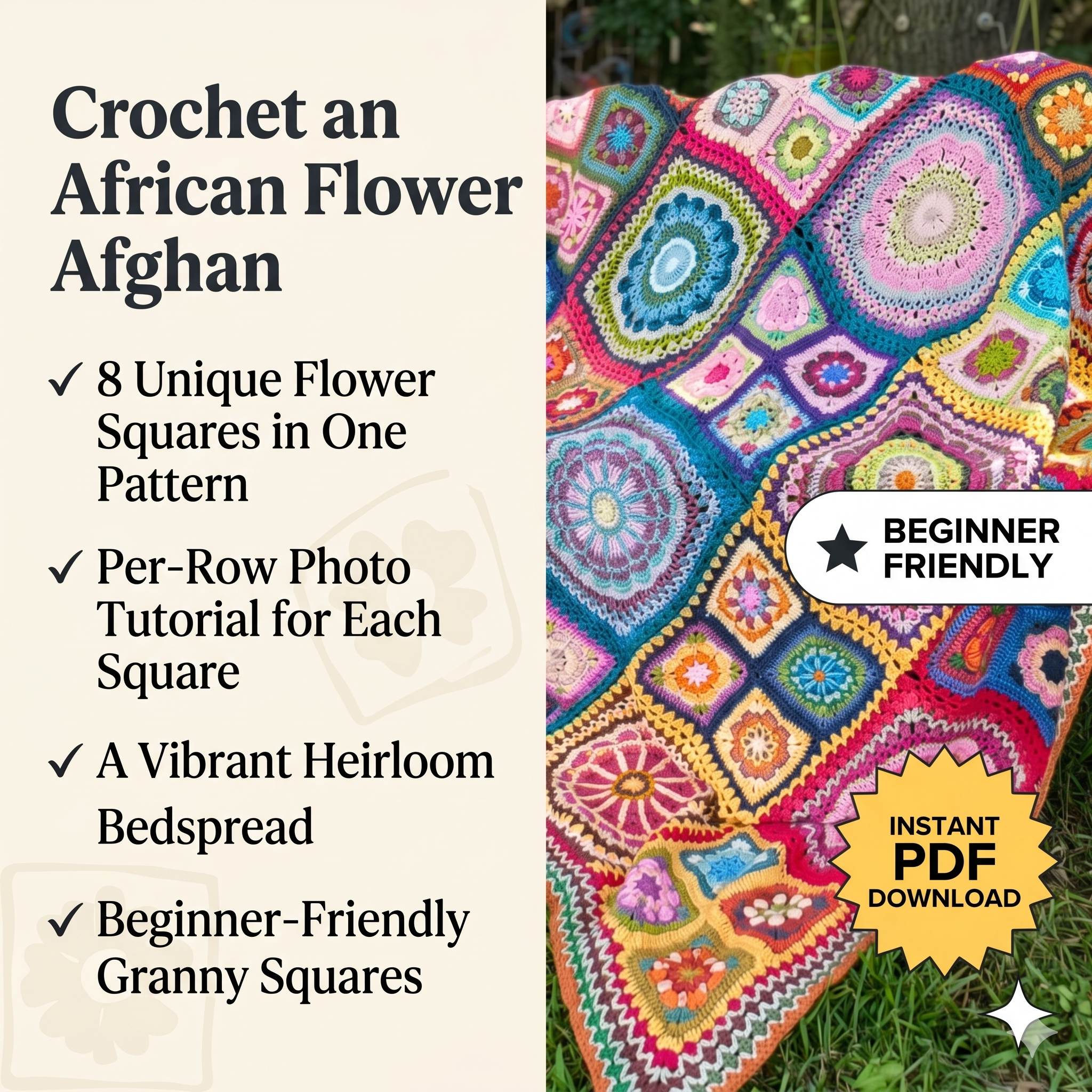 Crochet Granny Square Afghan Pattern: African Flower Blanket (Digital PDF Pattern)