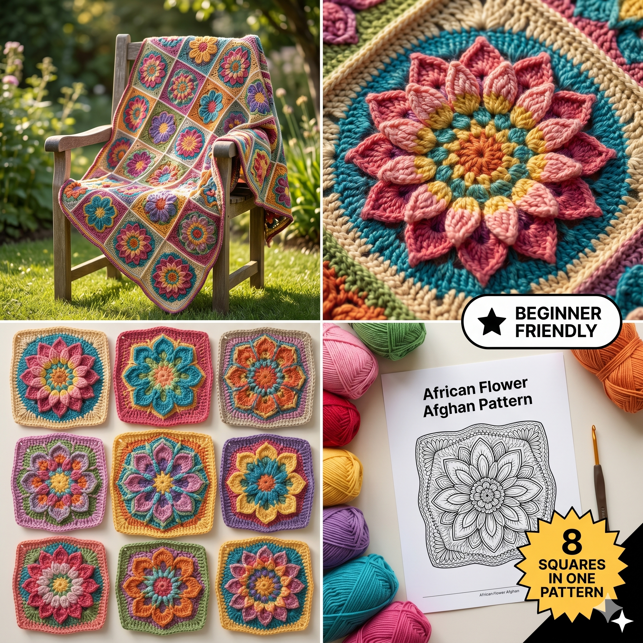 Crochet Granny Square Afghan Pattern: African Flower Blanket (Digital PDF Pattern)