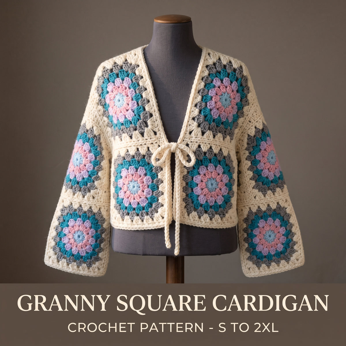 Granny Square Cardigan Crochet Pattern PDF, Tie Front, Sizes S–2XL