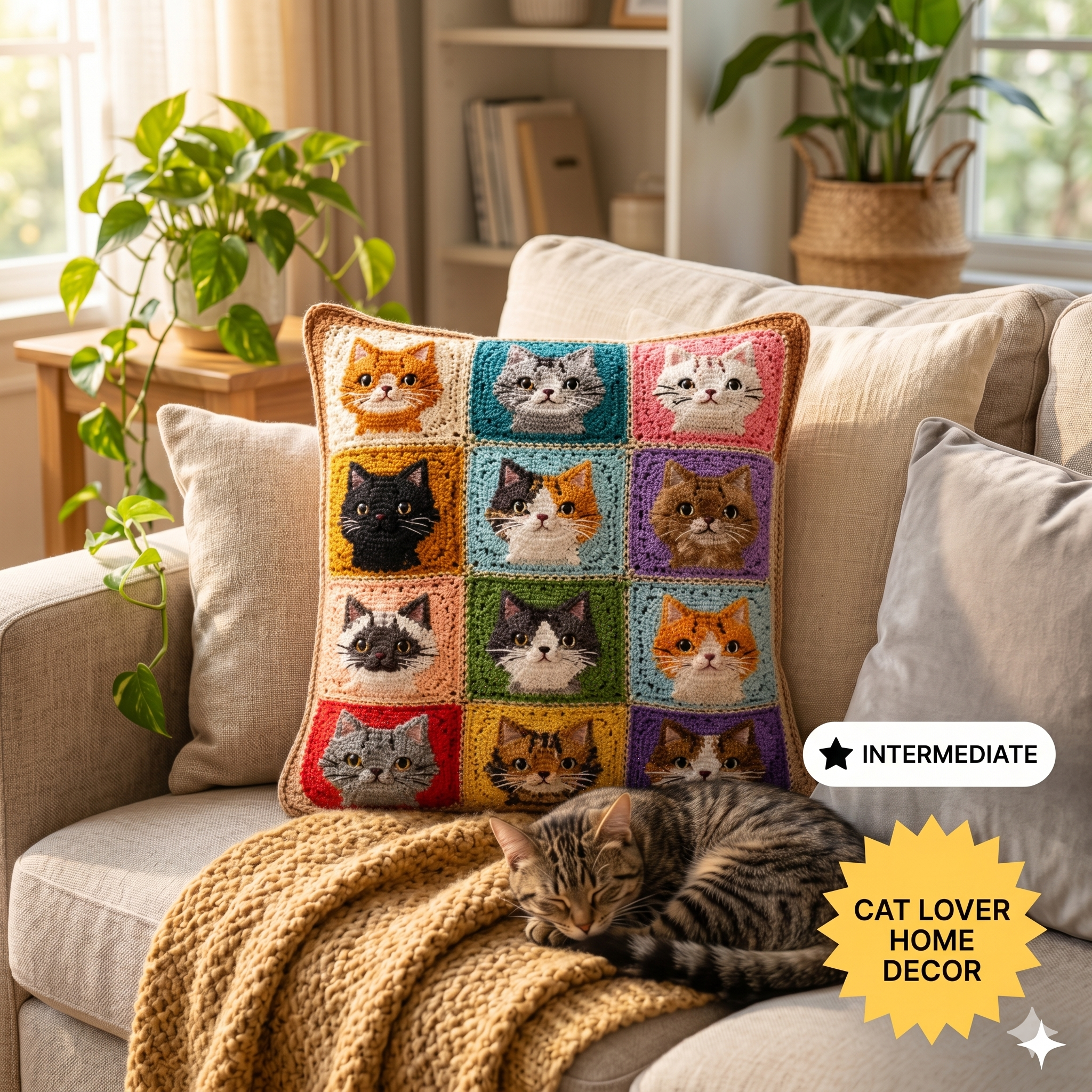 3D Cat Crochet Pattern - Granny Square Cat Pillow, Animal Cushion Design (multilingual PDF Download)