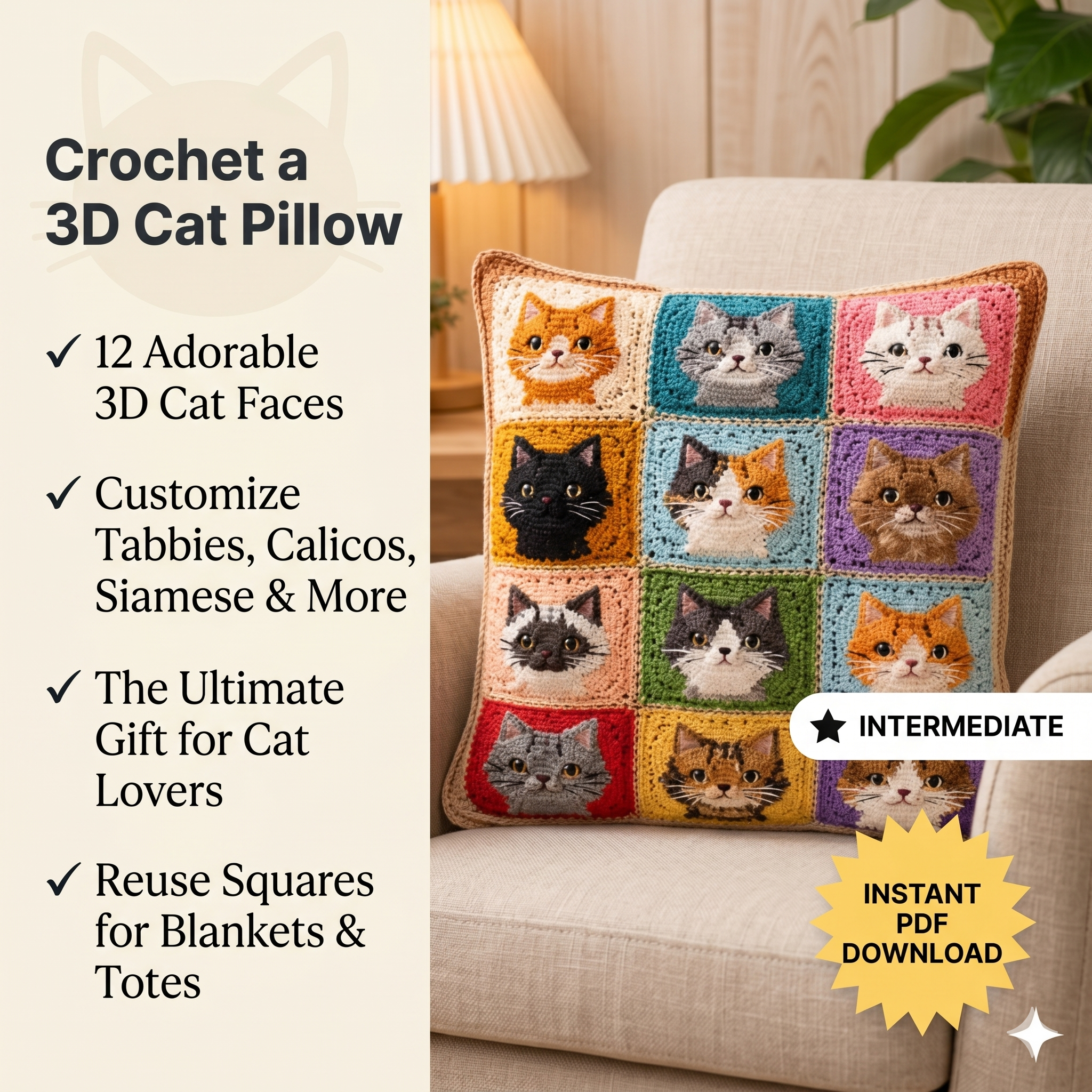 3D Cat Crochet Pattern - Granny Square Cat Pillow, Animal Cushion Design (multilingual PDF Download)
