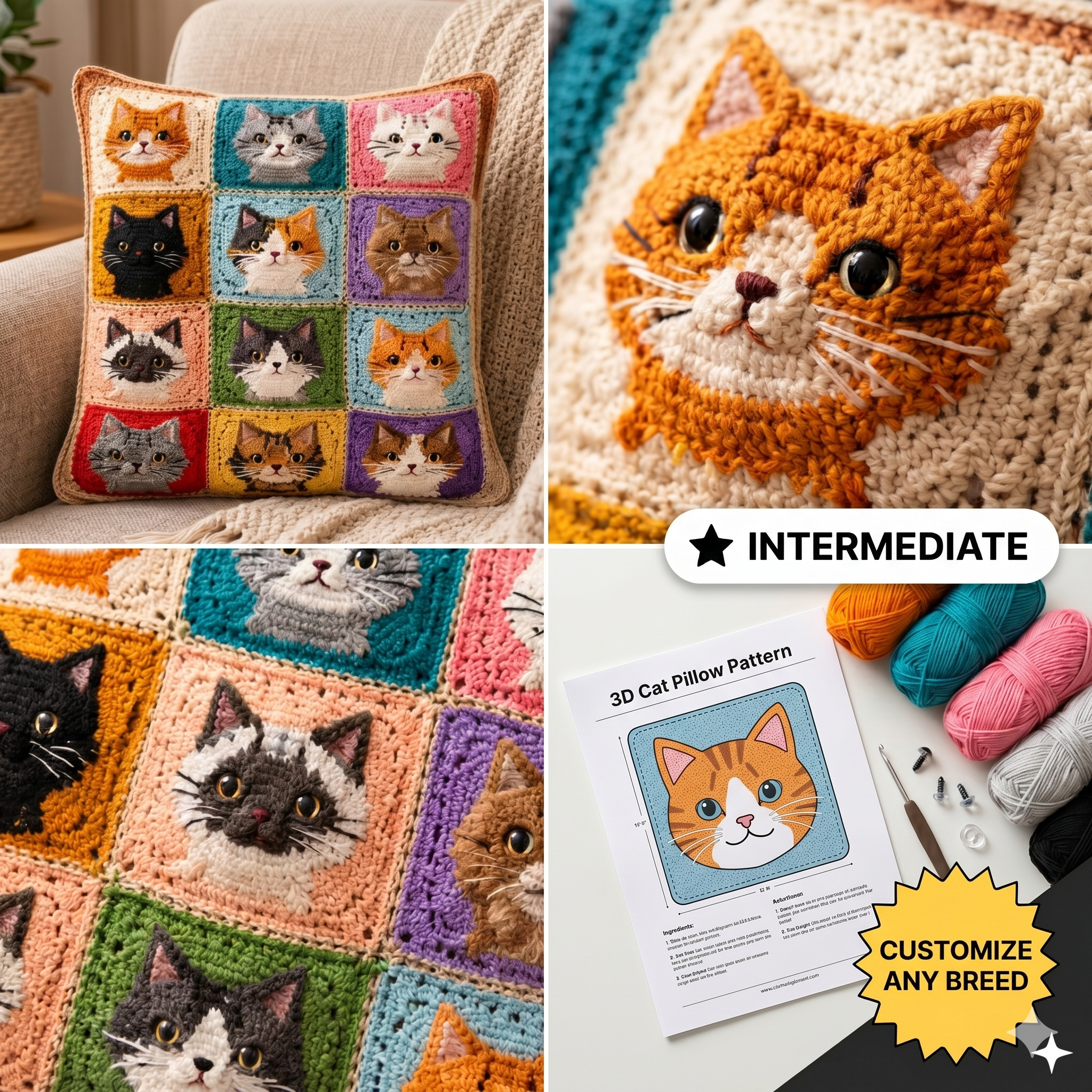 3D Cat Crochet Pattern - Granny Square Cat Pillow, Animal Cushion Design (multilingual PDF Download)