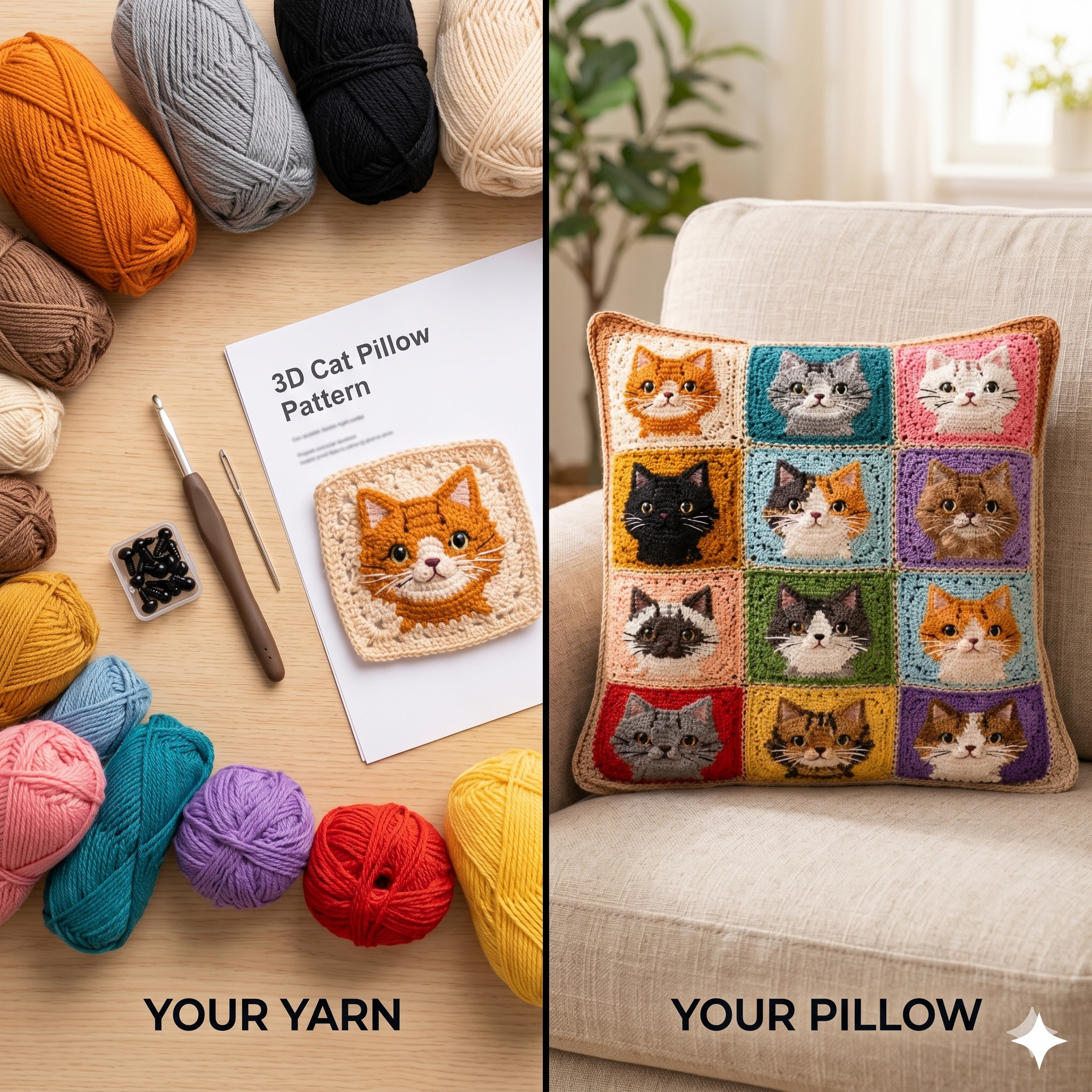 3D Cat Crochet Pattern - Granny Square Cat Pillow, Animal Cushion Design (multilingual PDF Download)