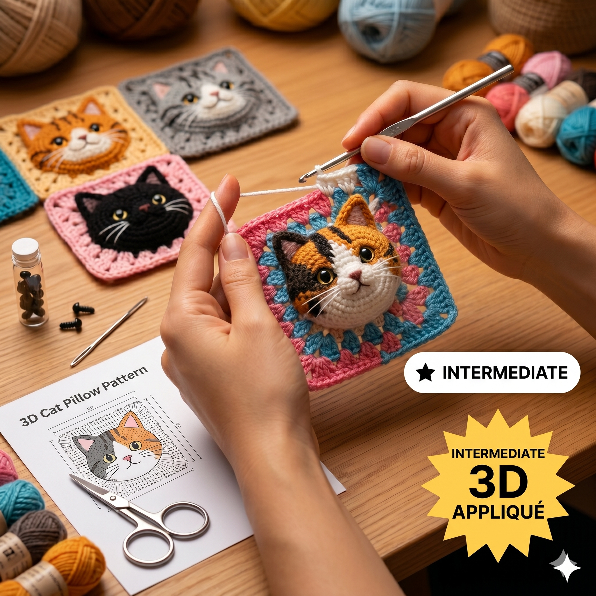 3D Cat Crochet Pattern - Granny Square Cat Pillow, Animal Cushion Design (multilingual PDF Download)