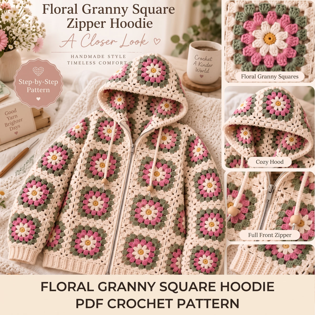 Granny Square Hoodie Crochet Pattern PDF | Floral Zip Up Hooded Cardigan Jacket, Boho Cottagecore