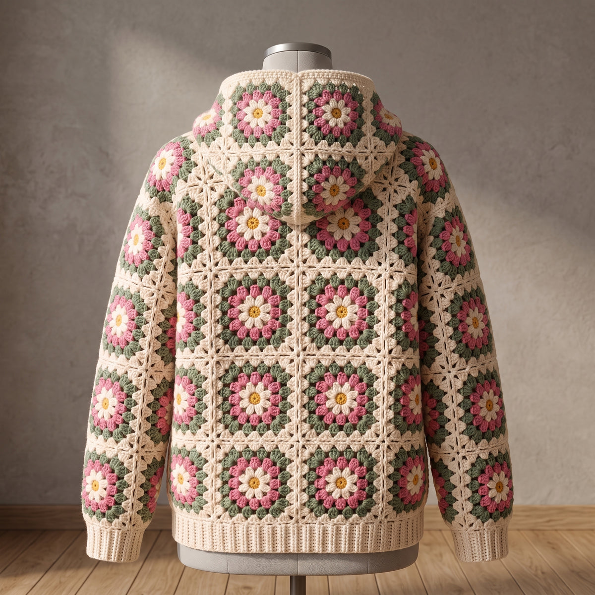 Granny Square Hoodie Crochet Pattern PDF | Floral Zip Up Hooded Cardigan Jacket, Boho Cottagecore