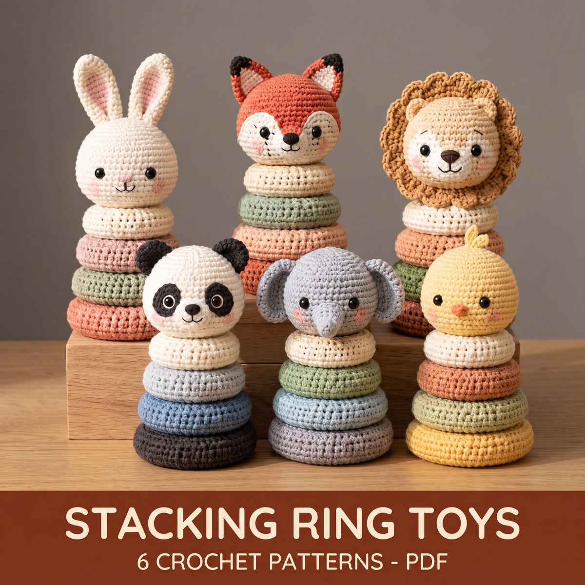 Crochet Stacking Rings Pattern PDF, 6 Animal Baby Toys Bundle