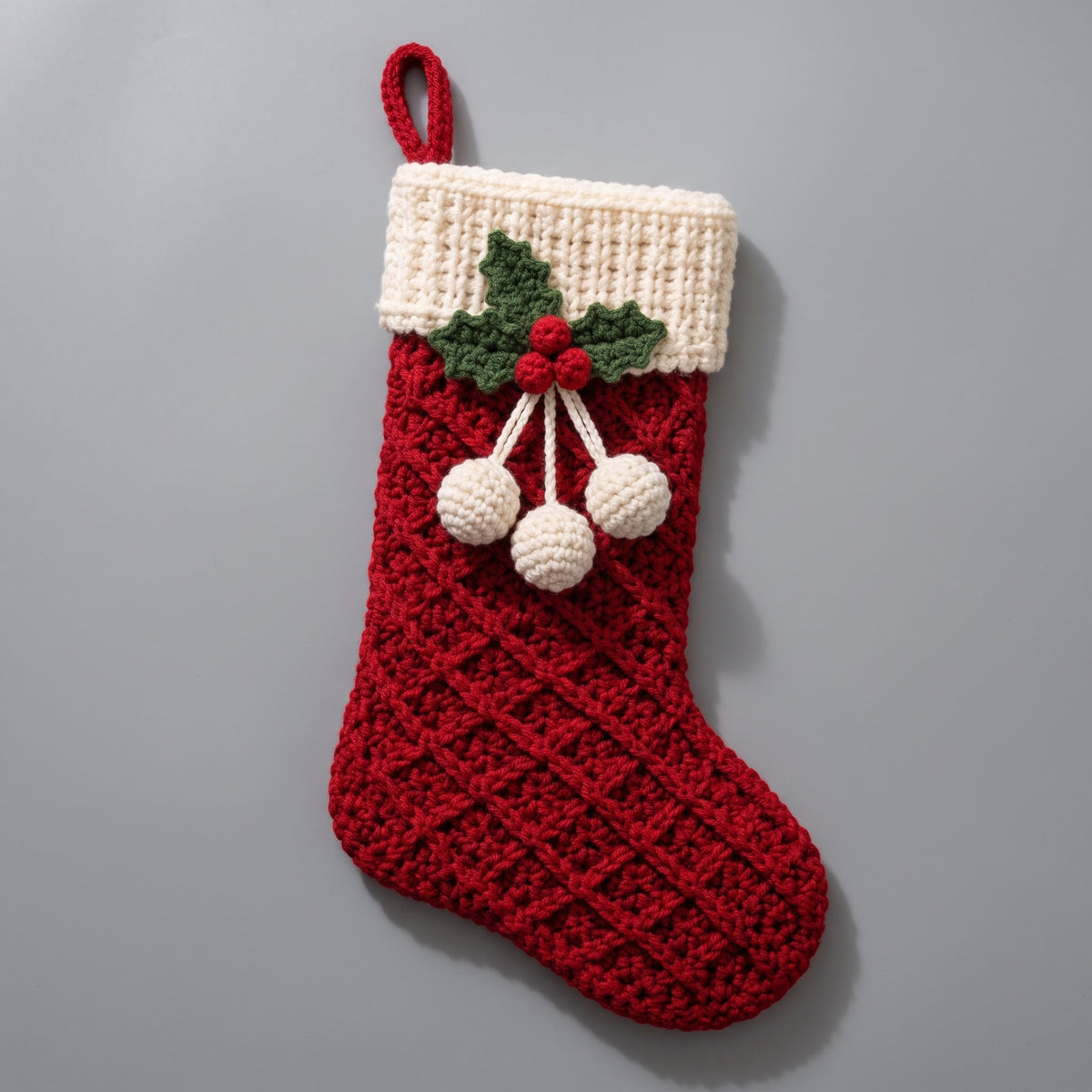 Crochet Christmas Stocking Pattern PDF | Textured Diamond Stitch, 18-20 inch | Holly & Pompoms | Beginner, US Terms
