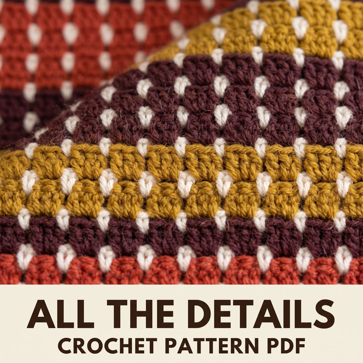 Striped Afghan Crochet Pattern PDF, Rust Mustard and Burgundy Throw with Cream Dots and Fringe, Fall Blanket