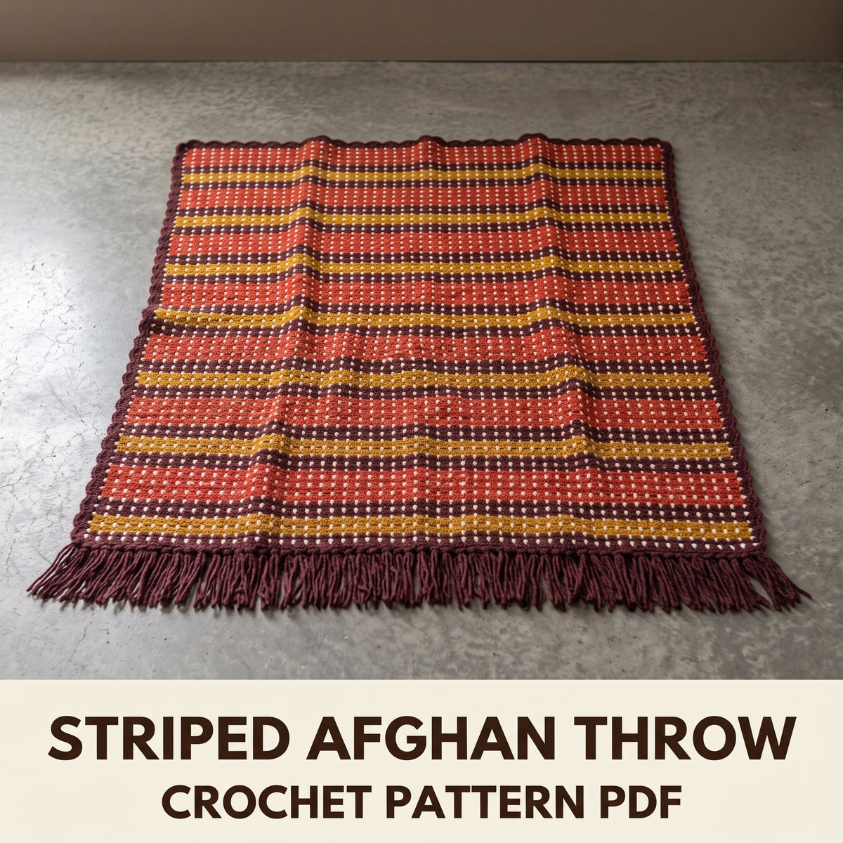 Striped Afghan Crochet Pattern PDF, Rust Mustard and Burgundy Throw with Cream Dots and Fringe, Fall Blanket