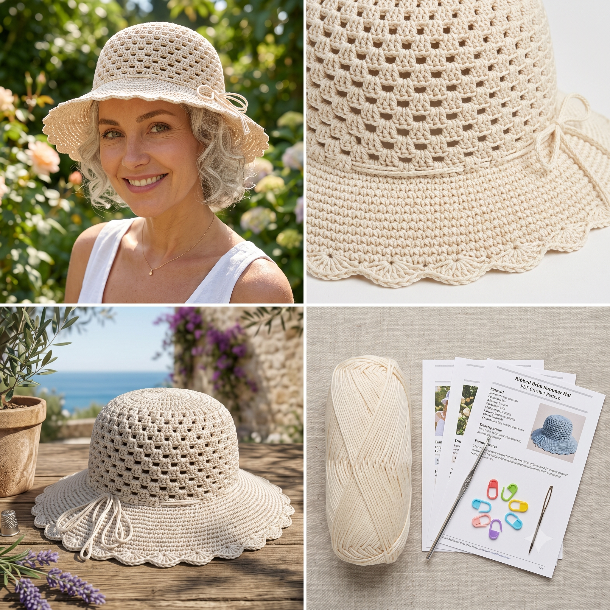 Sun Hat Crochet Pattern PDF | Ribbed Brim Summer Hat Pattern, Easy Silk Beach Hat, Beginner, US Terms, Instant Download