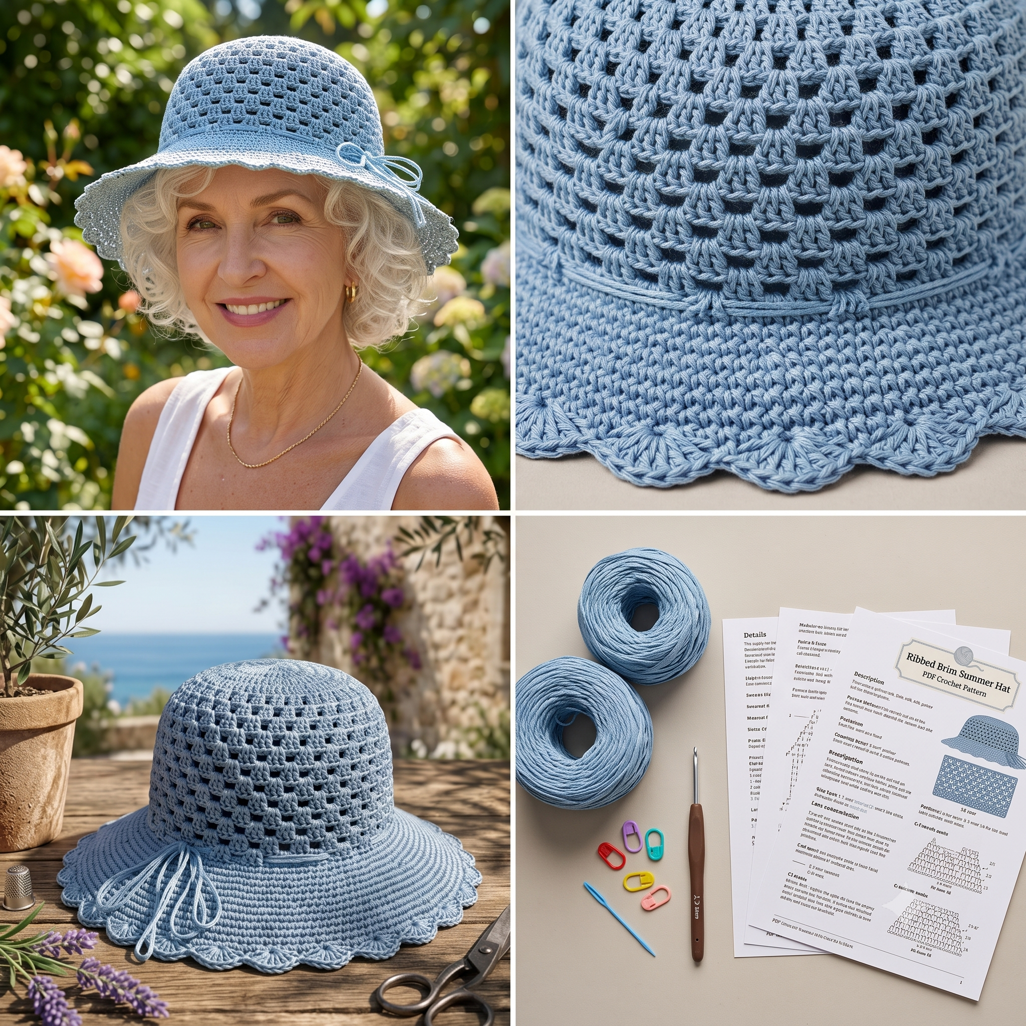 Sun Hat Crochet Pattern PDF | Ribbed Brim Summer Hat Pattern, Easy Silk Beach Hat, Beginner, US Terms, Instant Download