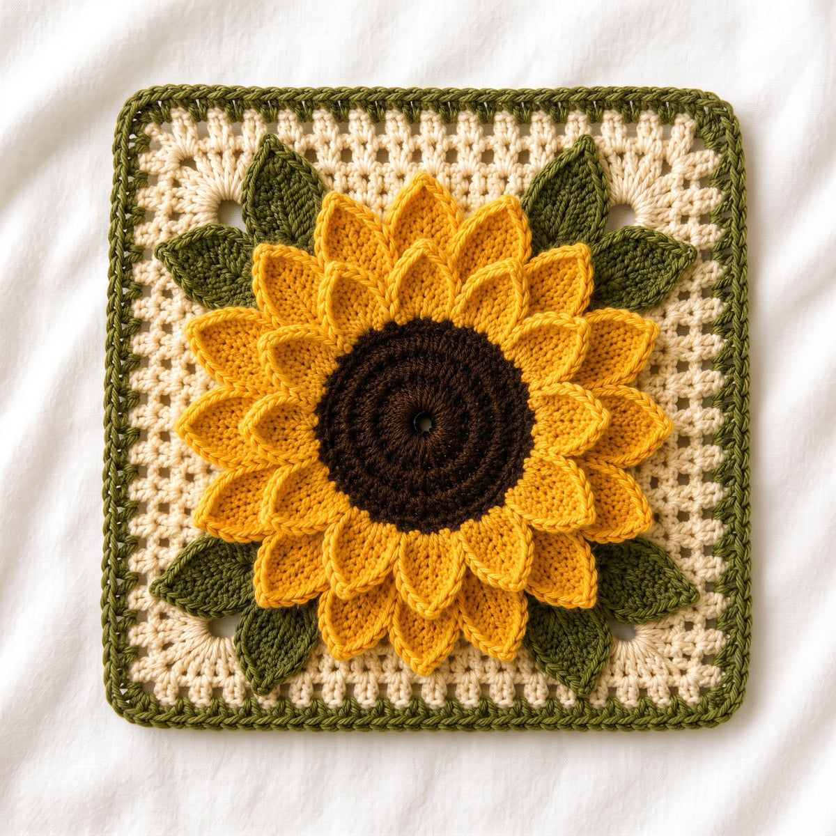 Sunflower Granny Square Crochet Pattern | 3D Layered Petals & Leaves | 7.5 inch Motif for Blankets & Cushions | PDF Download