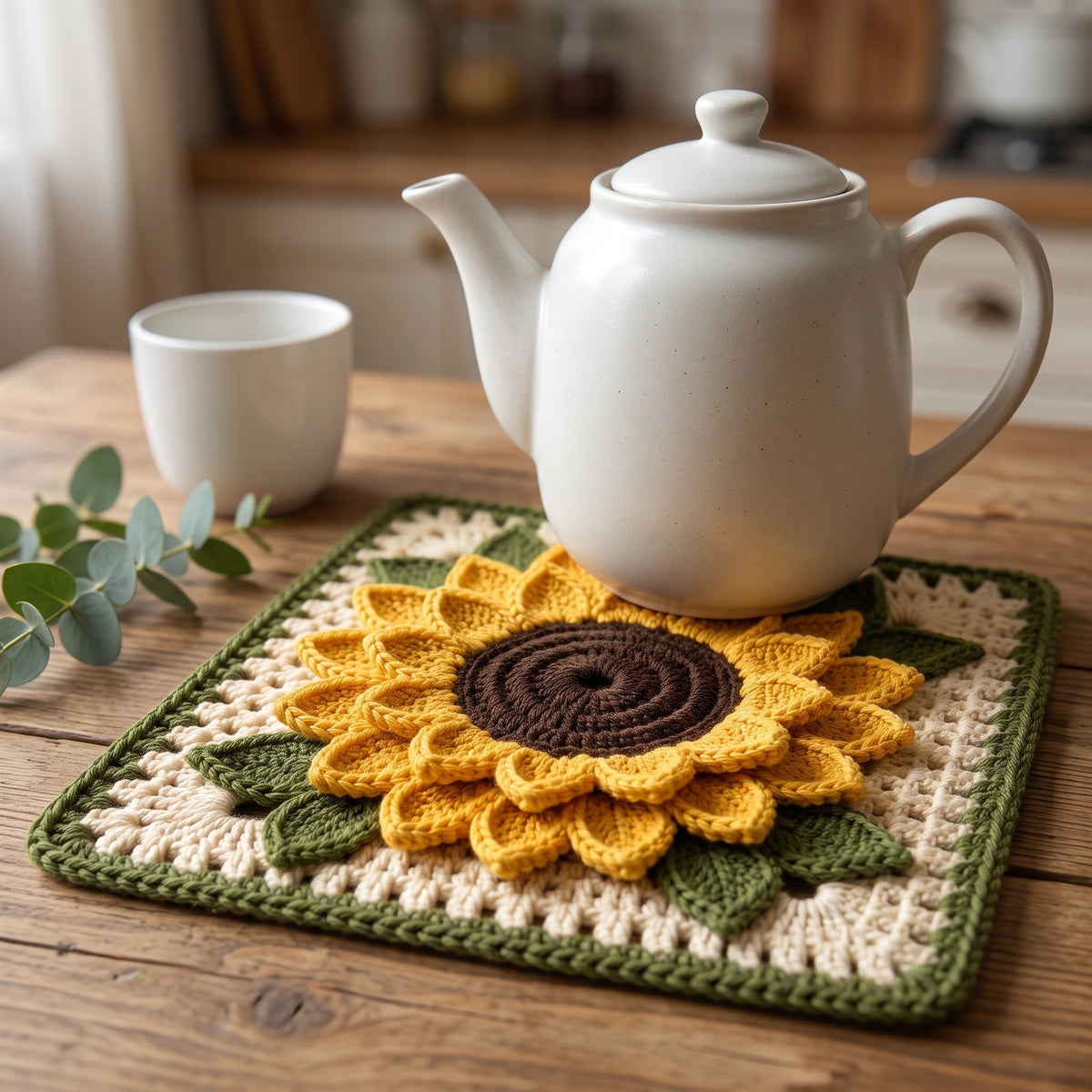 Sunflower Granny Square Crochet Pattern | 3D Layered Petals & Leaves | 7.5 inch Motif for Blankets & Cushions | PDF Download