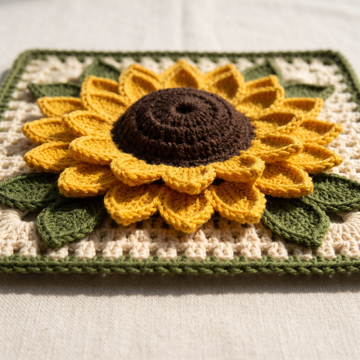 Sunflower Granny Square Crochet Pattern | 3D Layered Petals & Leaves | 7.5 inch Motif for Blankets & Cushions | PDF Download