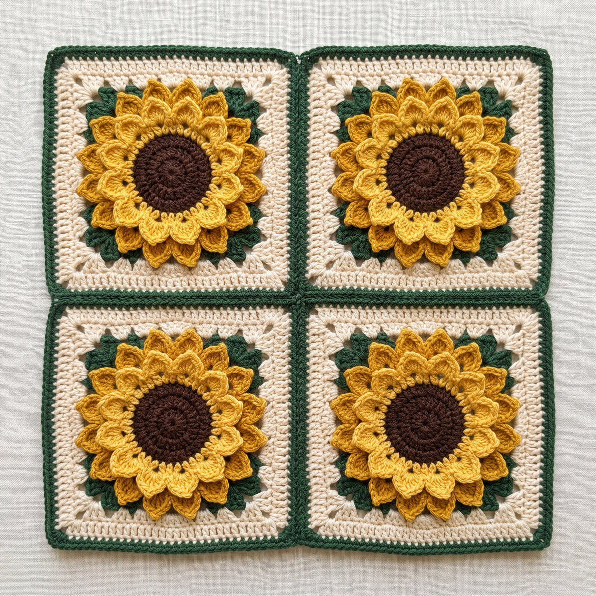 Sunflower Granny Square Crochet Pattern | 3D Layered Petals & Leaves | 7.5 inch Motif for Blankets & Cushions | PDF Download