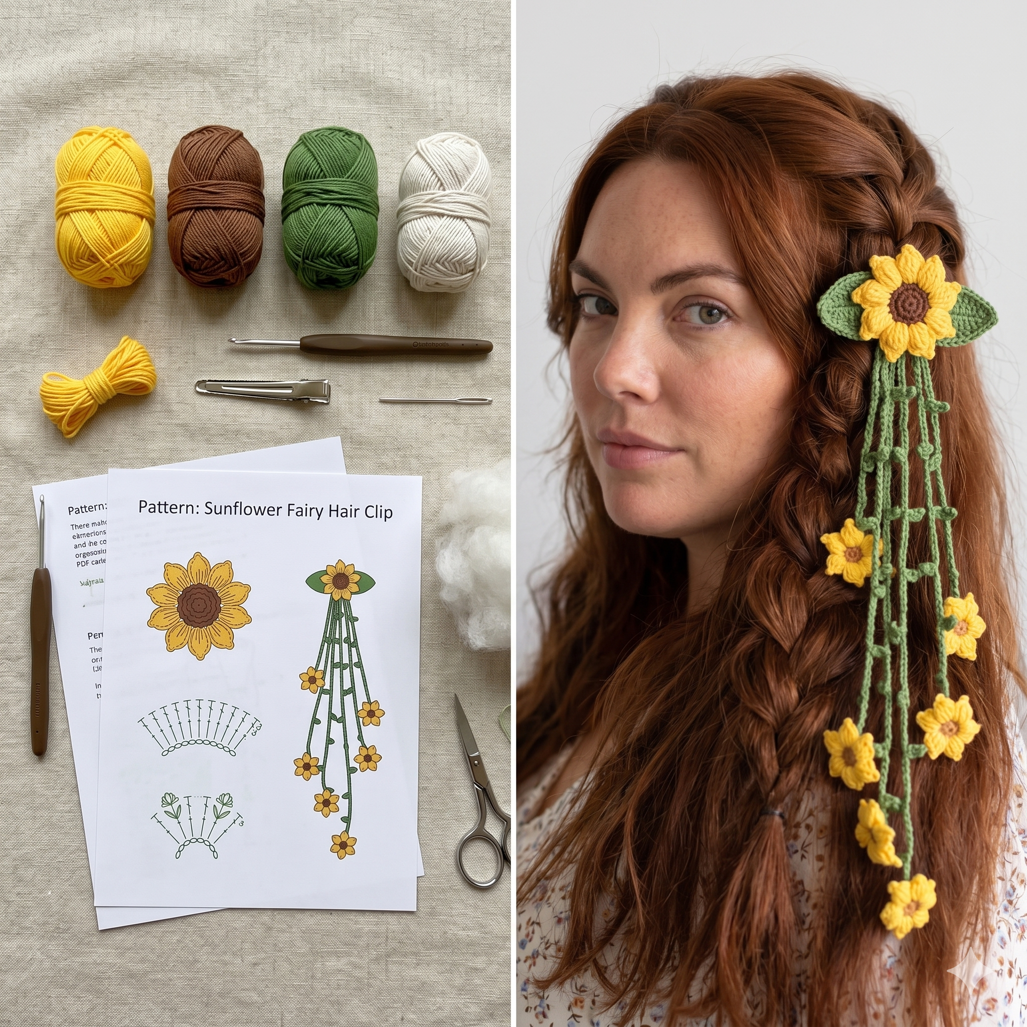 Sunflower Fairy Hair Clip Crochet Pattern PDF | Floral Hair Accessory Tutorial | Instant Digital Download