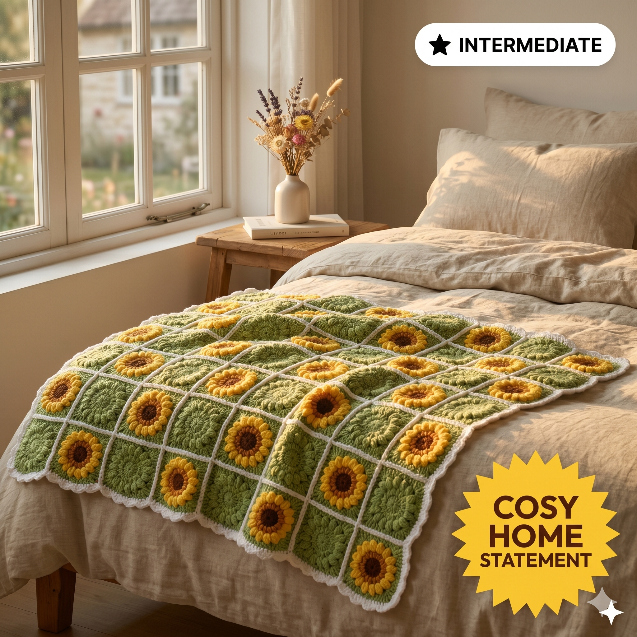 Crochet Sunflower Granny Square Pattern, 120X150cm Crochet Baby Blanket Boho Pattern, Printable Instructions Download PDF Gifts for Her