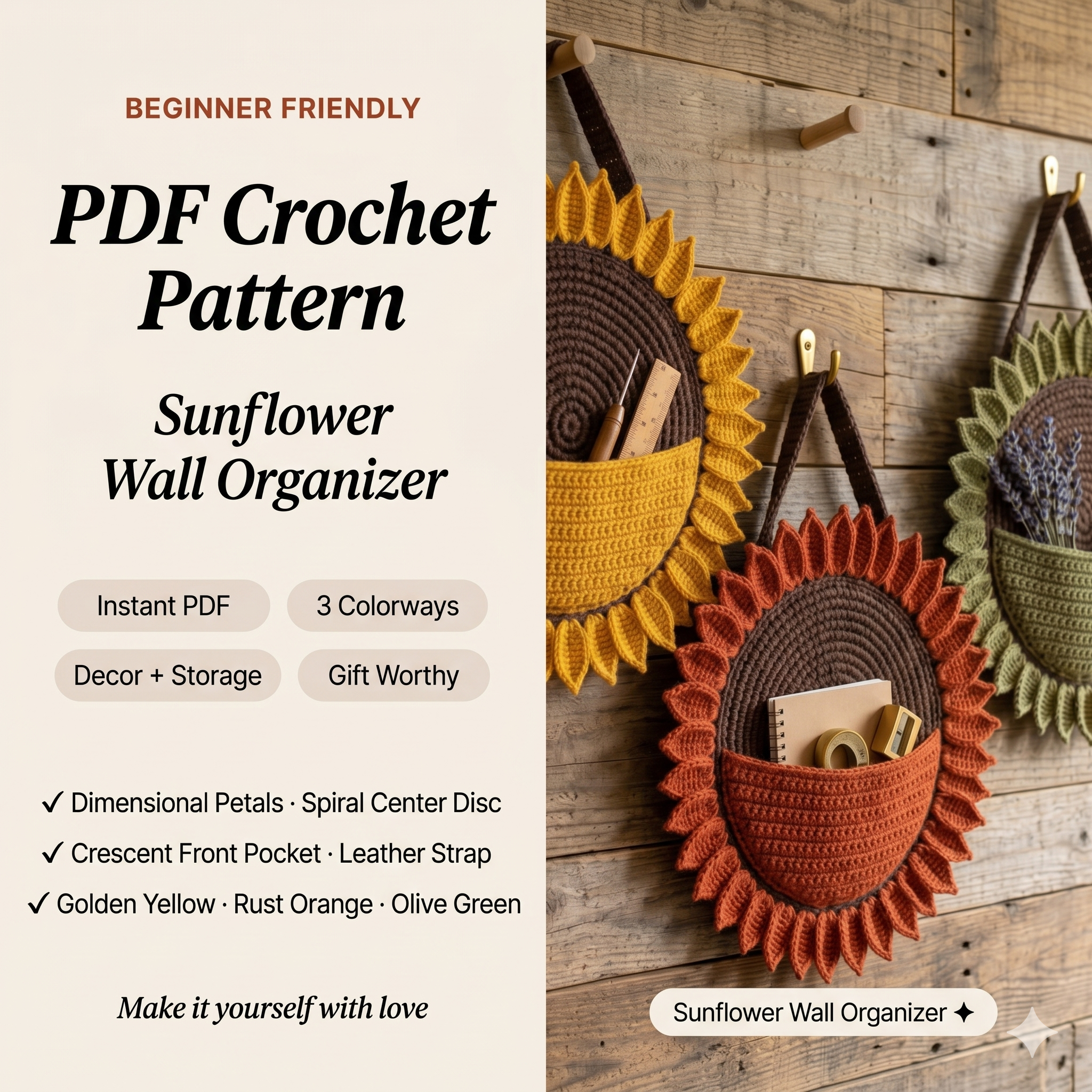 Sunflower Wall Organizer Crochet Pattern PDF, Hanging Storage Pocket, Boho Home Decor, Nursery Organizer, Crochet Gift, Easy DIY Pattern