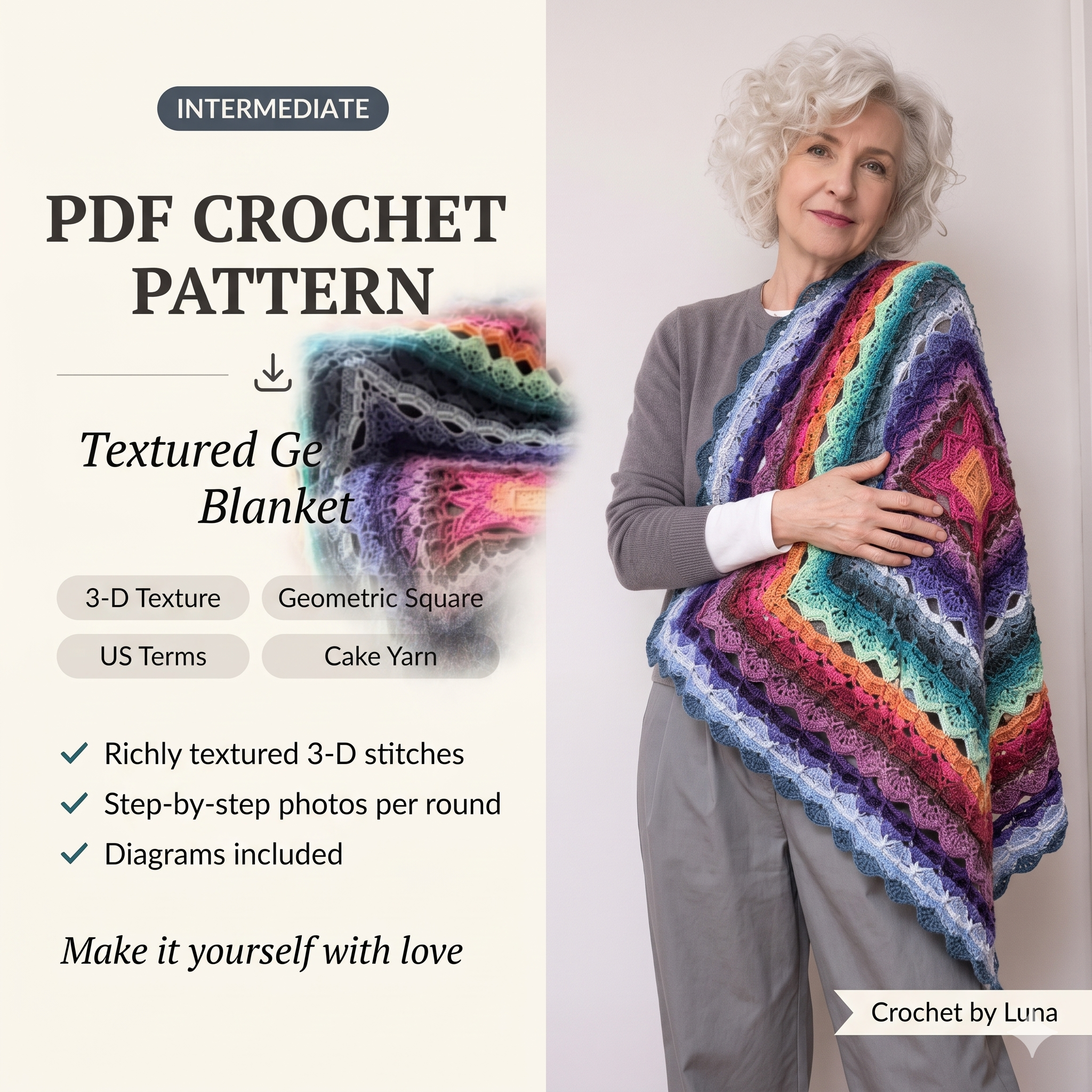 Textured Blanket Crochet Pattern PDF | 3D Geometric Throw Pattern, Square Afghan Blanket, Post Stitch Design, Intermediate, US Terms, Download