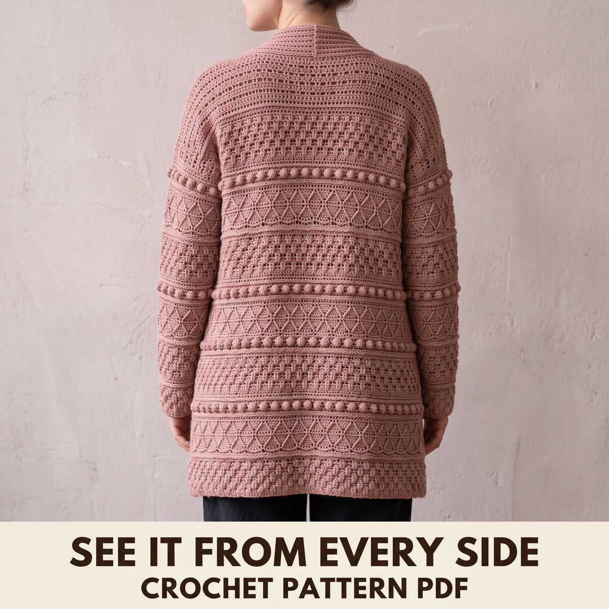Textured Crochet Cardigan Pattern PDF, Popcorn and Diamond Stitch Open Front Cardigan, Sizes S to 2XL