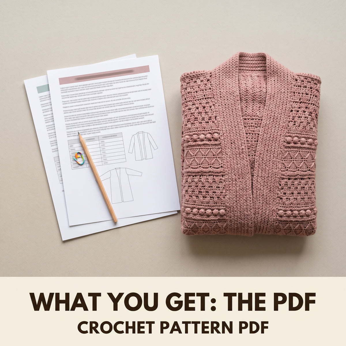 Textured Crochet Cardigan Pattern PDF, Popcorn and Diamond Stitch Open Front Cardigan, Sizes S to 2XL