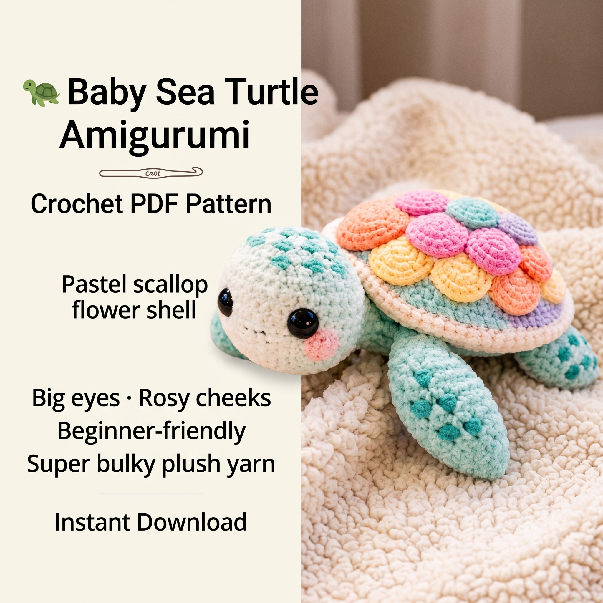 Amigurumi Turtle Pattern Crochet PDF Download, Stuffed Baby Sea Turtle Plushie, Easy Beginner Friendly, Pastel Nursery Decor, Handmade Gift