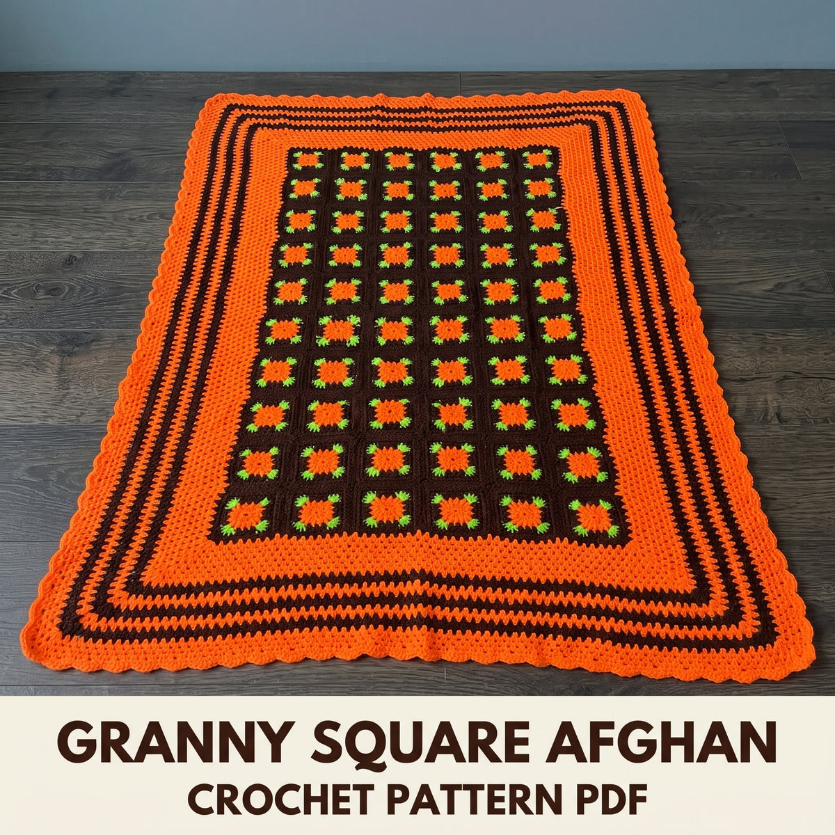 Vintage Granny Square Blanket Crochet Pattern PDF, Orange and Brown Afghan with Scalloped Edge, Full Instructions