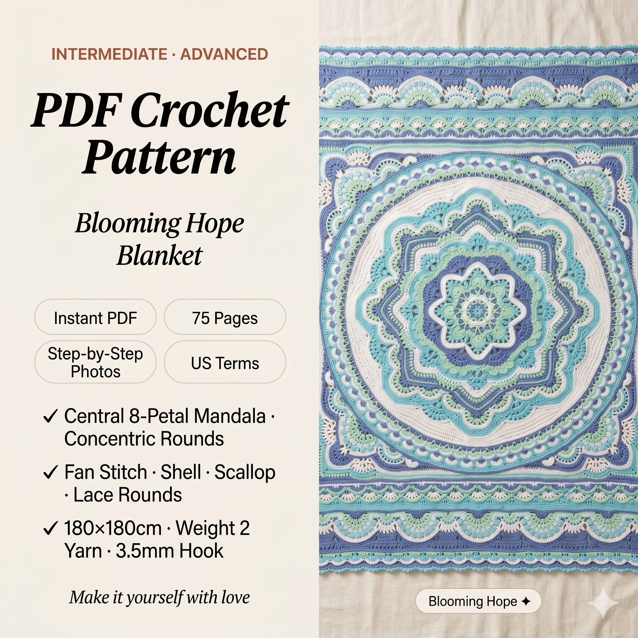 Blooming Hope Crochet Blanket Pattern: Vintage Vibe Photo Tutorial (PDF)