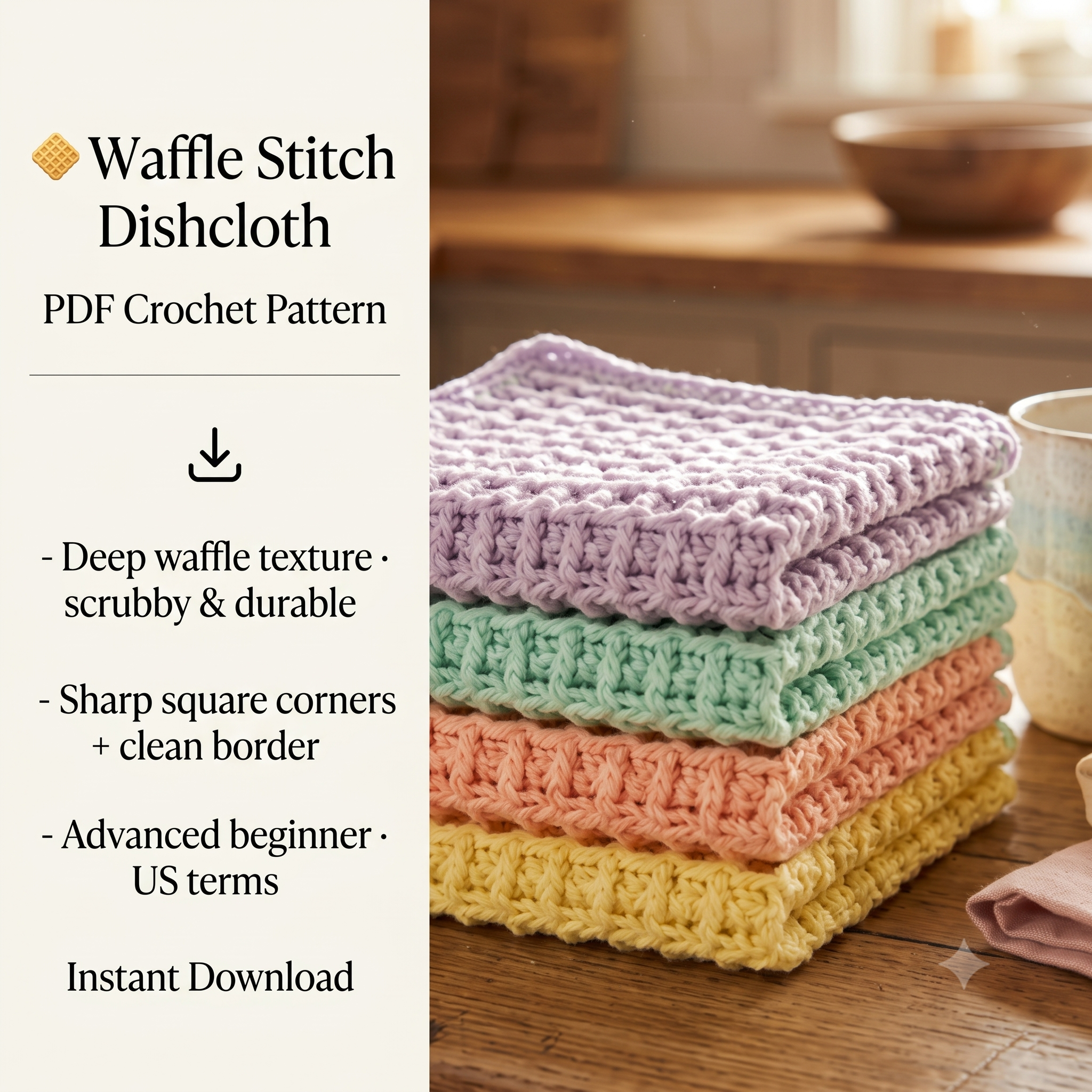 Waffle Stitch Crochet Dishcloth Pattern PDF, Easy Beginner Kitchen Cloth, Textured Washcloth, Reusable Dishcloth, US Terms, Instant Download