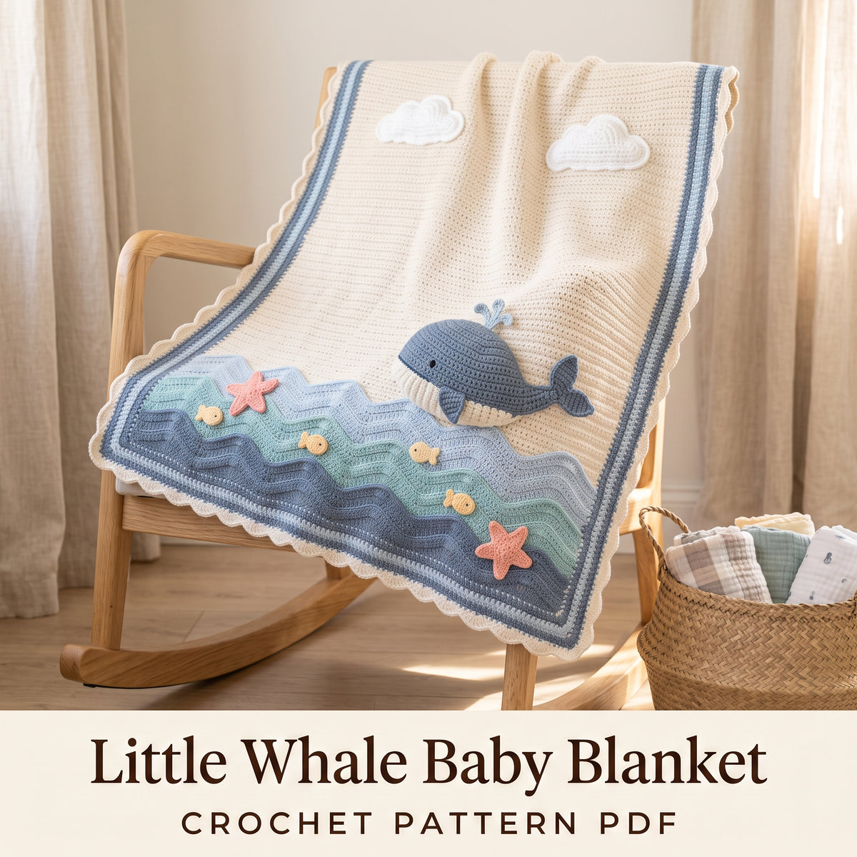 Whale Baby Blanket Crochet Pattern PDF, 3D Whale and Ocean Waves Nursery Afghan, Baby Boy Shower Gift, Instant Download