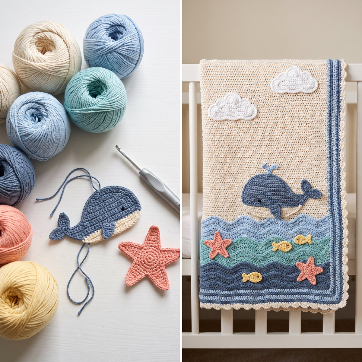 Whale Baby Blanket Crochet Pattern PDF, 3D Whale and Ocean Waves Nursery Afghan, Baby Boy Shower Gift, Instant Download