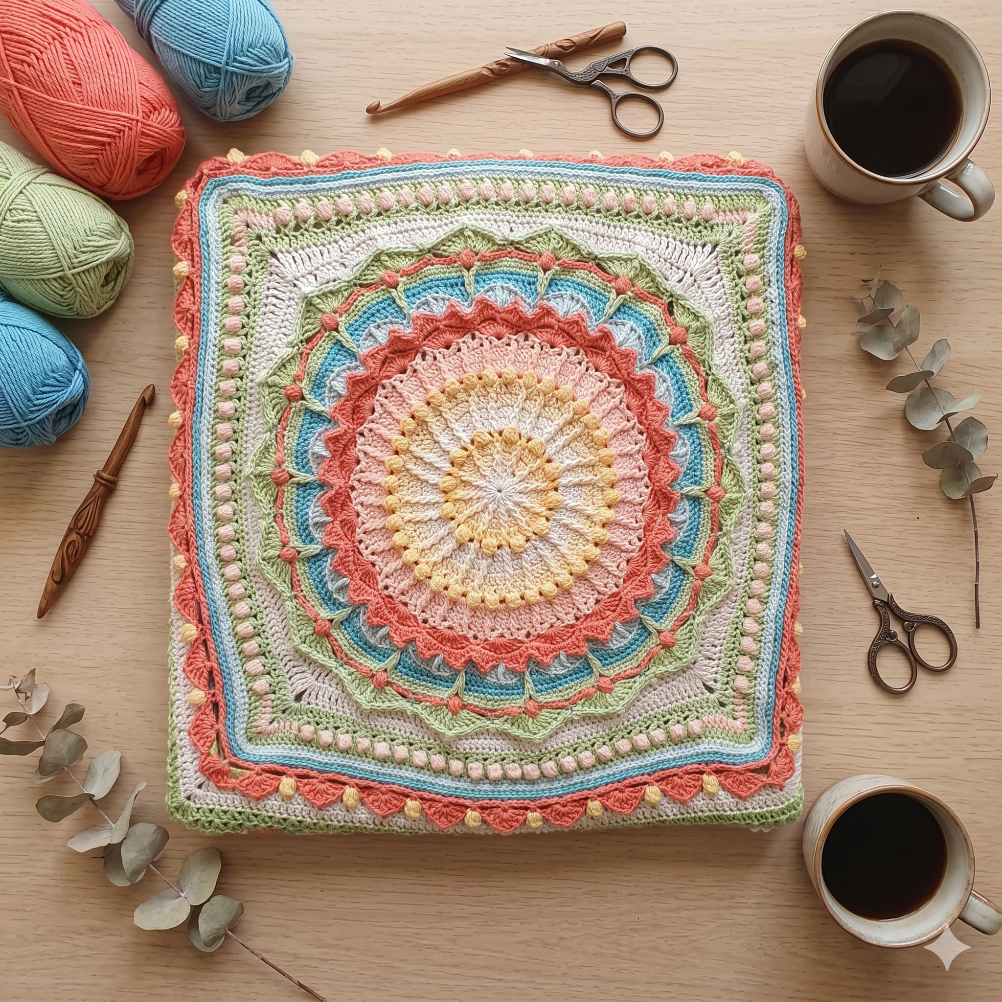 Mandala Blanket Crochet Pattern PDF β Whispers of Color Square Afghan Throw