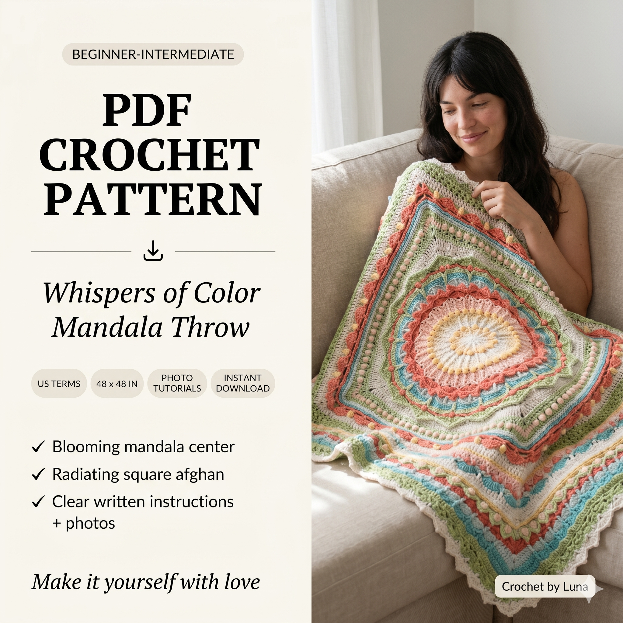 Mandala Blanket Crochet Pattern PDF β Whispers of Color Square Afghan Throw