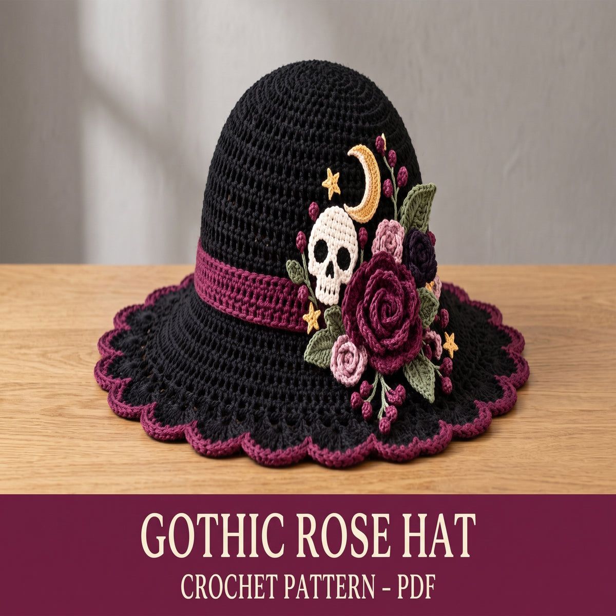 Wide Brim Crochet Hat Pattern PDF, Gothic Skull, Roses & Moon Appliqué