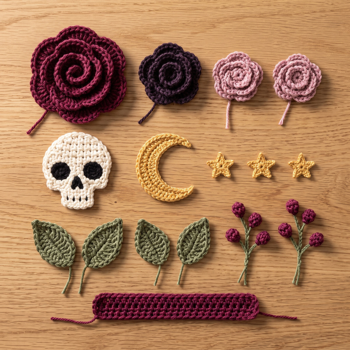 Wide Brim Crochet Hat Pattern PDF, Gothic Skull, Roses & Moon Appliqué