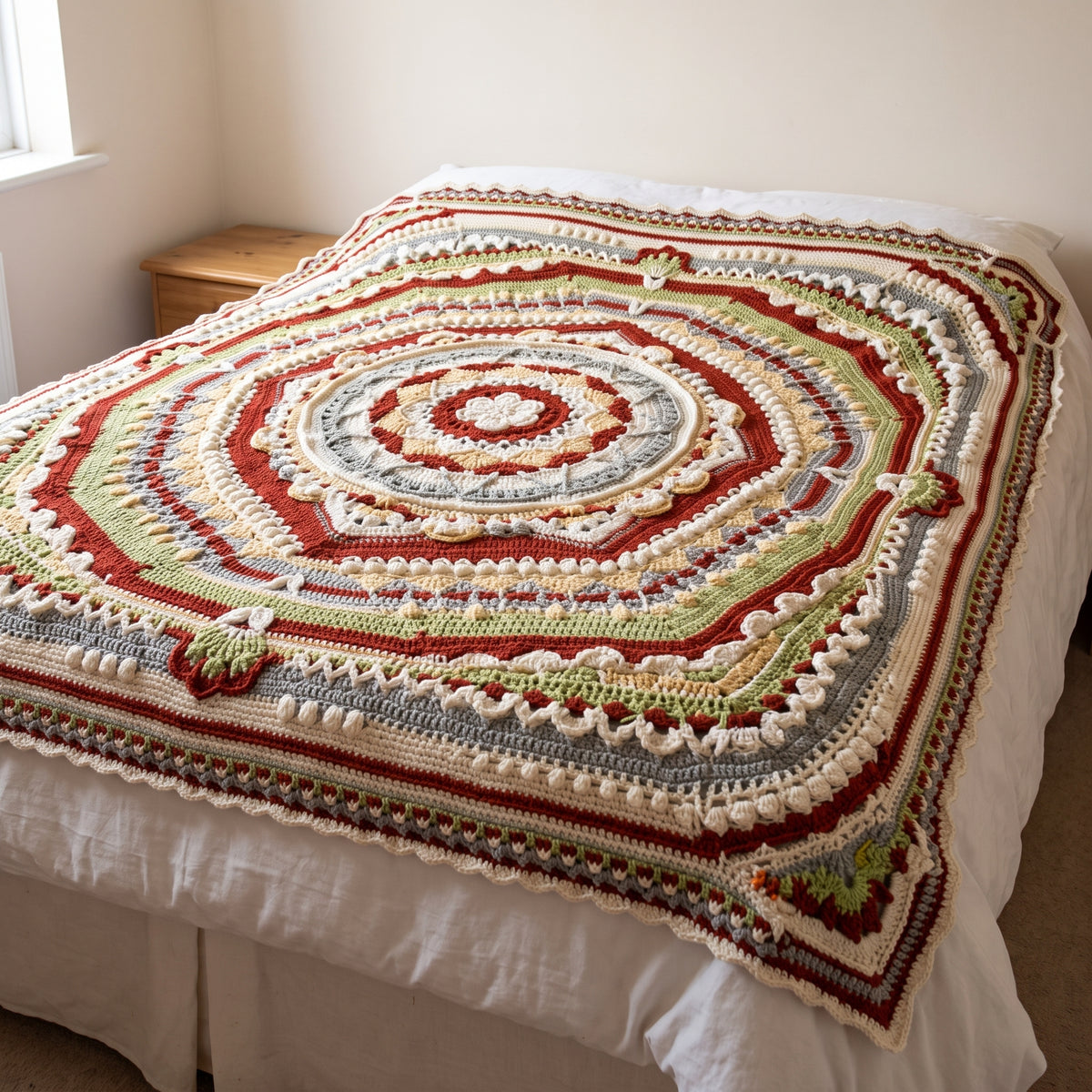 Mandala Square Blanket Crochet Pattern | Textured Round-to-Square Bedspread | Any Size, Any Yarn | US & UK Terms | PDF Download