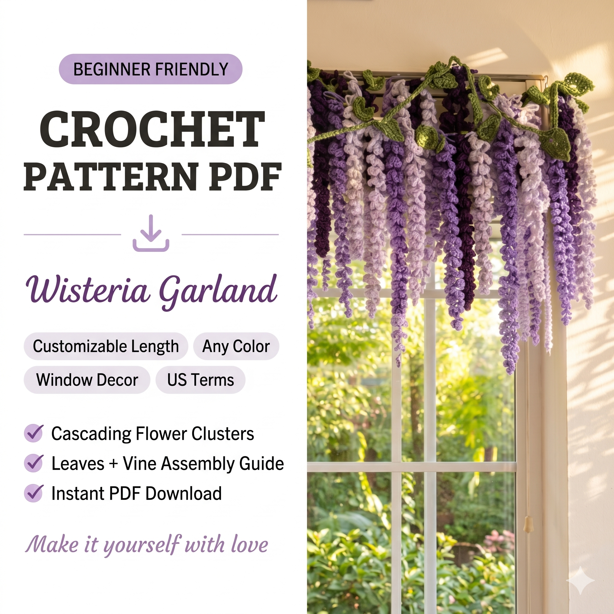 Wisteria Garland Crochet Pattern, DIY Amigurumi Hanging Flower Vine PDF, Beginner Friendly (Digital Download)