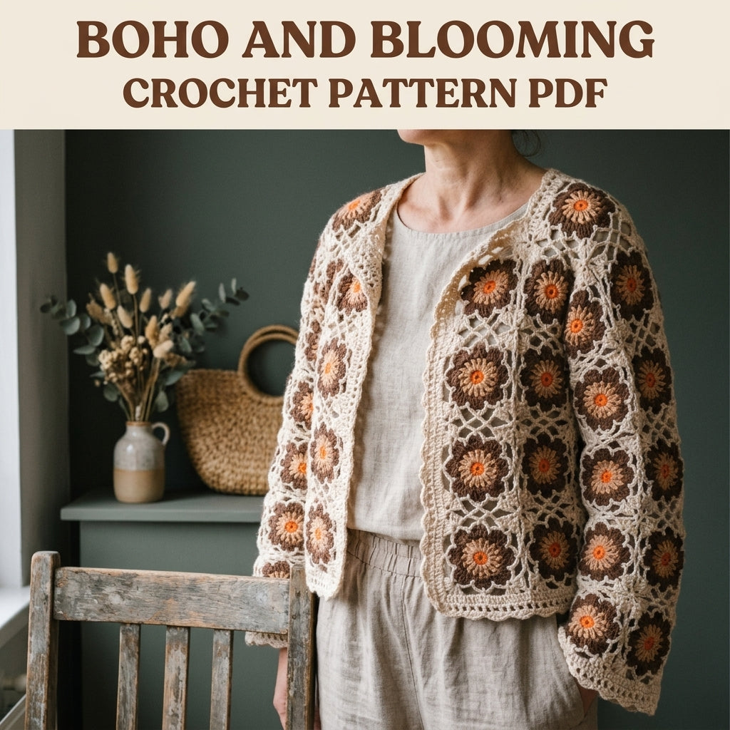 Brown Flower Square Cardigan Crochet Pattern PDF – Cropped Boho Cardigan