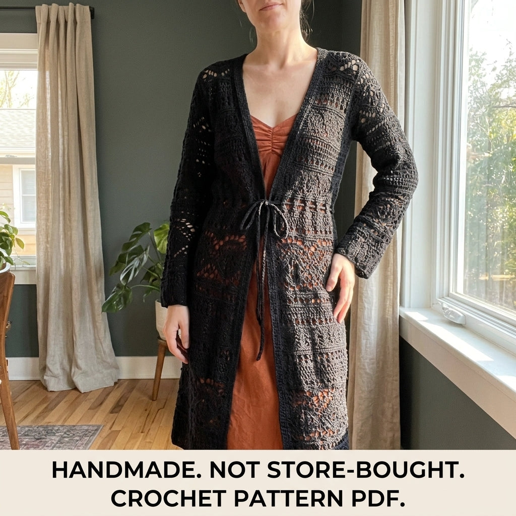 Lace Duster Cardigan Crochet Pattern PDF – Long Tie Front Cardigan