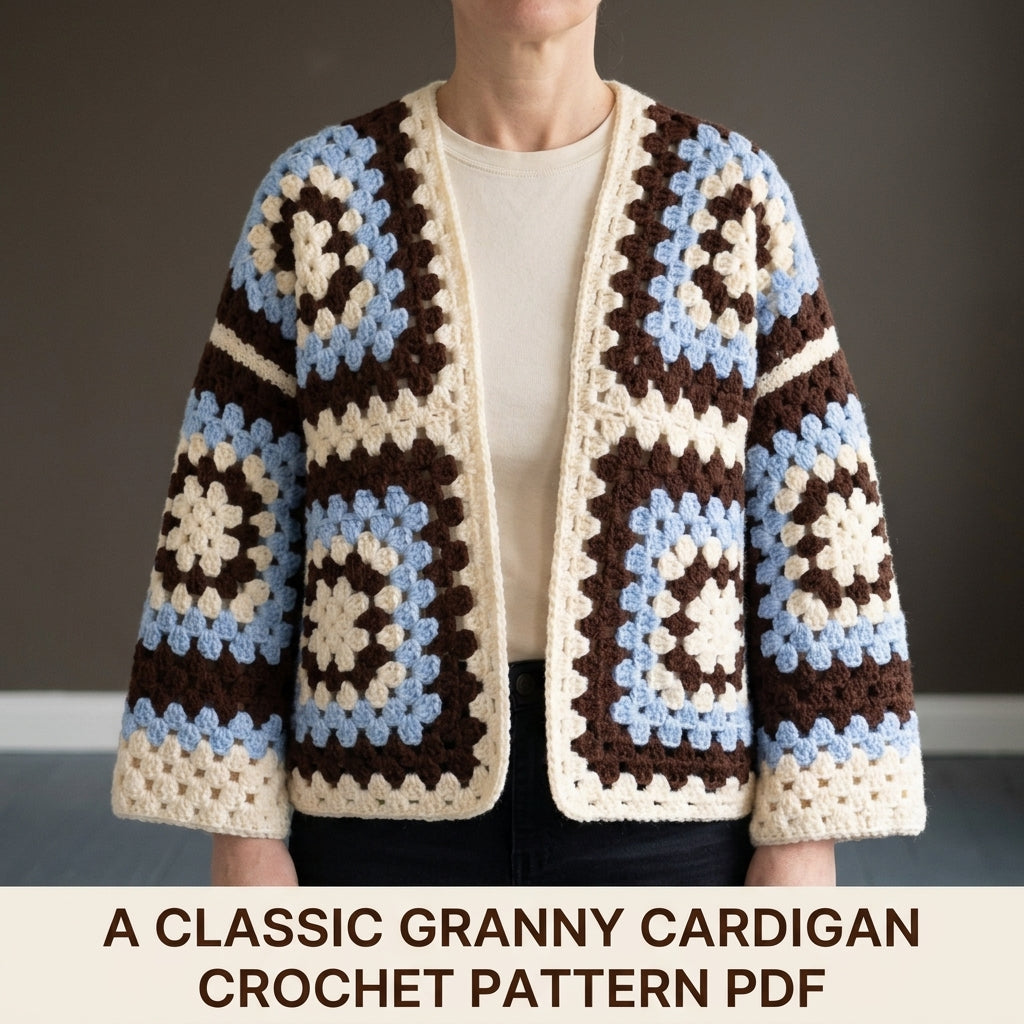 Chocolate and Sky Granny Square Cardigan Crochet Pattern PDF – Boxy Brown and Blue Cardigan