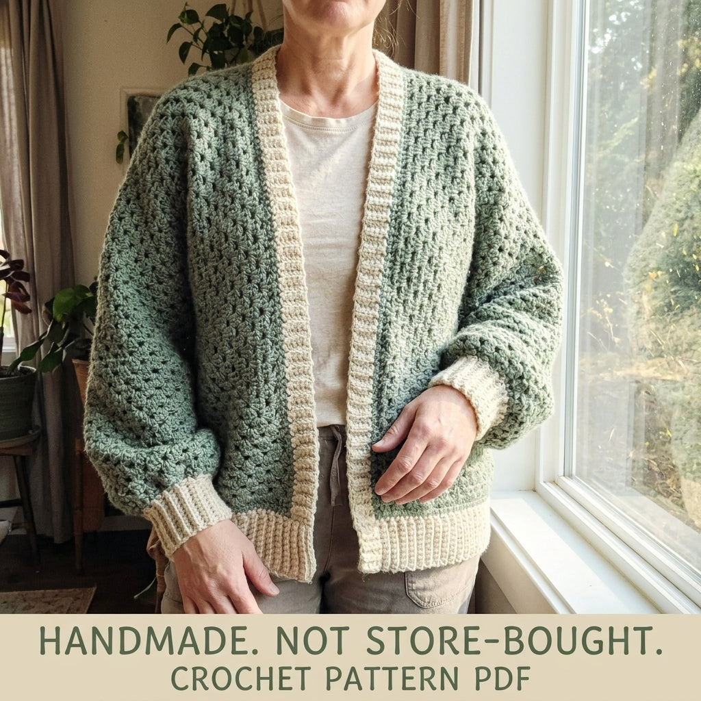 Sage Granny Stitch Cardigan Crochet Pattern PDF – Oversized Cardigan with Ribbed Band