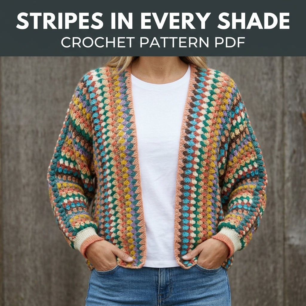 Granny Stripe Cardigan Crochet Pattern PDF - Colorful Open Front Boho Cardigan for Women