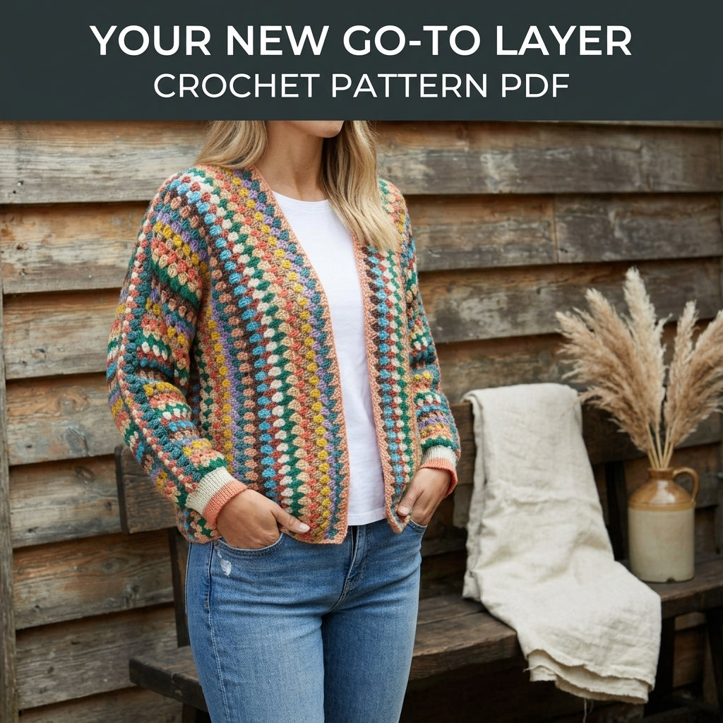 Granny Stripe Cardigan Crochet Pattern PDF - Colorful Open Front Boho Cardigan for Women
