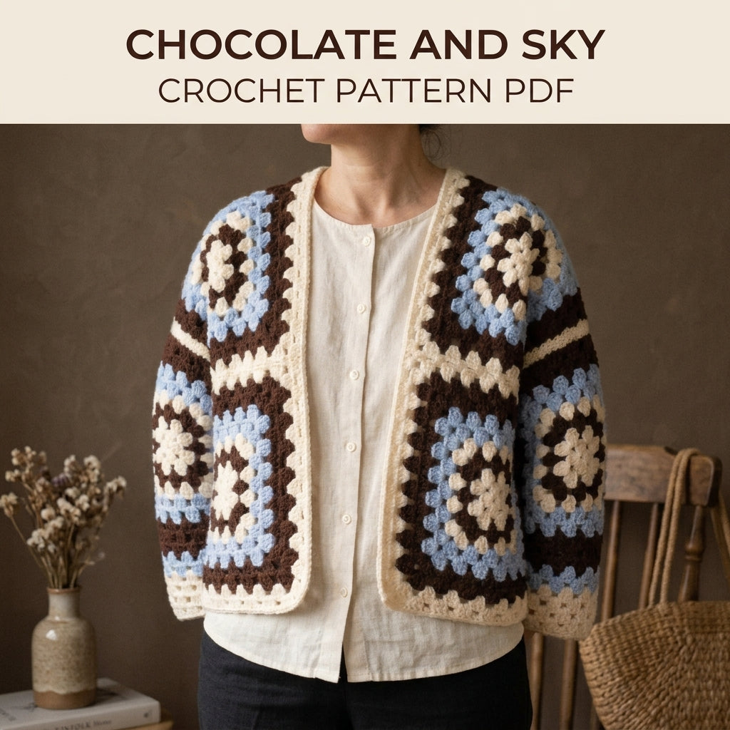 Chocolate and Sky Granny Square Cardigan Crochet Pattern PDF – Boxy Brown and Blue Cardigan