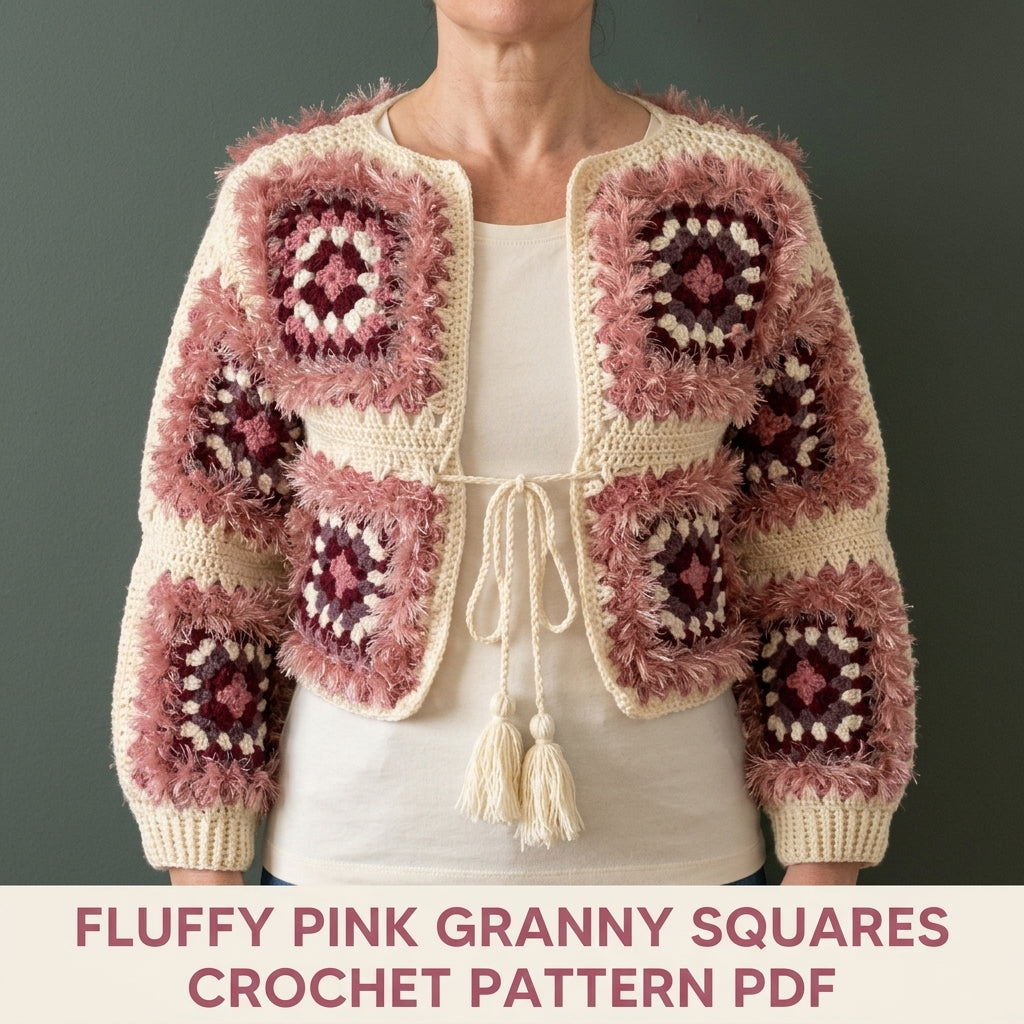 Fluffy Pink Cardigan Crochet Pattern PDF – Granny Square Cropped Tie Cardigan