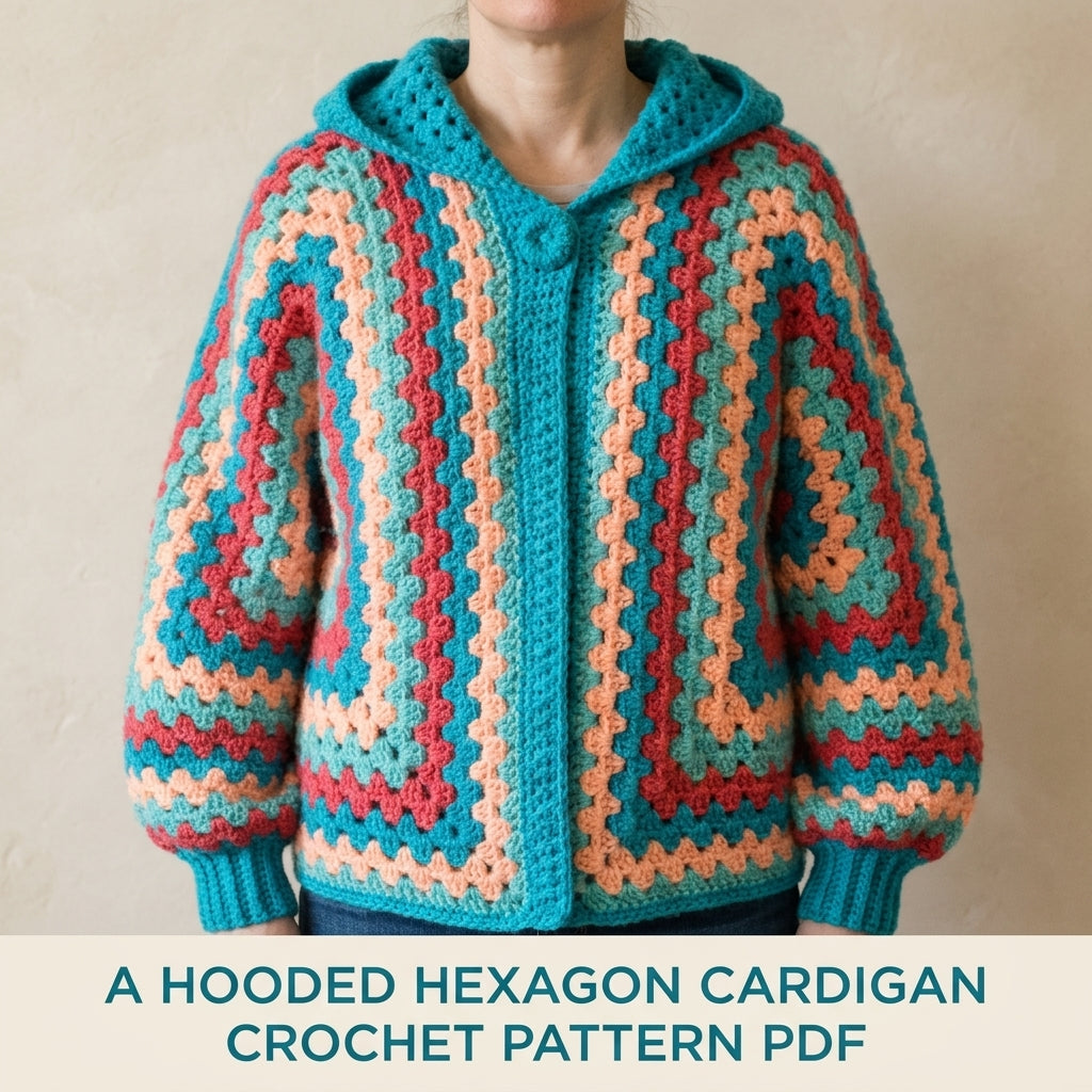 Hooded Hexagon Cardigan Crochet Pattern PDF – Granny Stripe Hoodie Cardigan